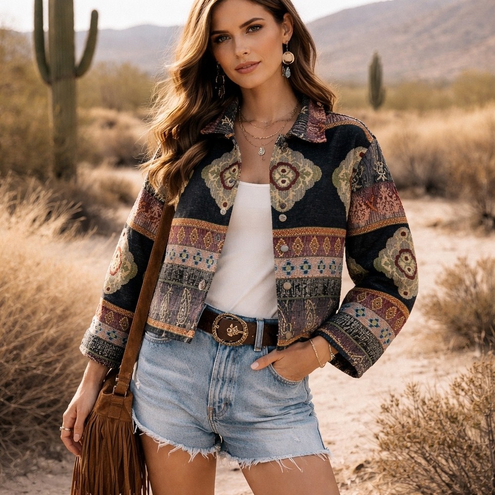 Jane Ashley Tapestry Jacket M Boho Medallion Cropped Woven Tribal Southwestern